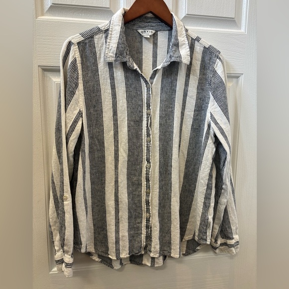 Orvis Linen Blend Black and White Casual Button Down Shirt Adjustable Sleeves. - Picture 1 of 7